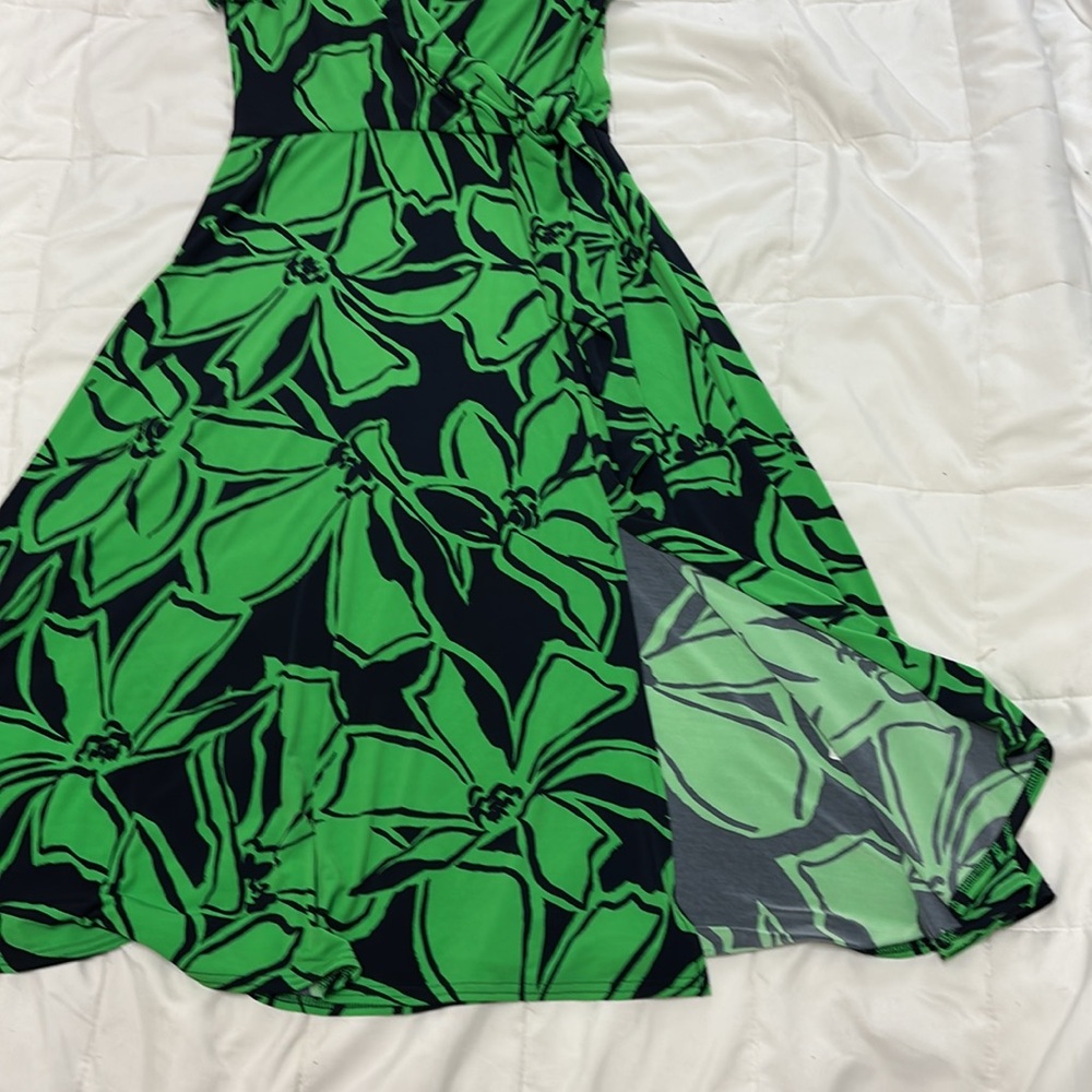 Joseph Ribkoff Floral Wrap Dress US 10 UK 12 Green Navy Midi Slit Vacation Soft - Picture 3 of 15
